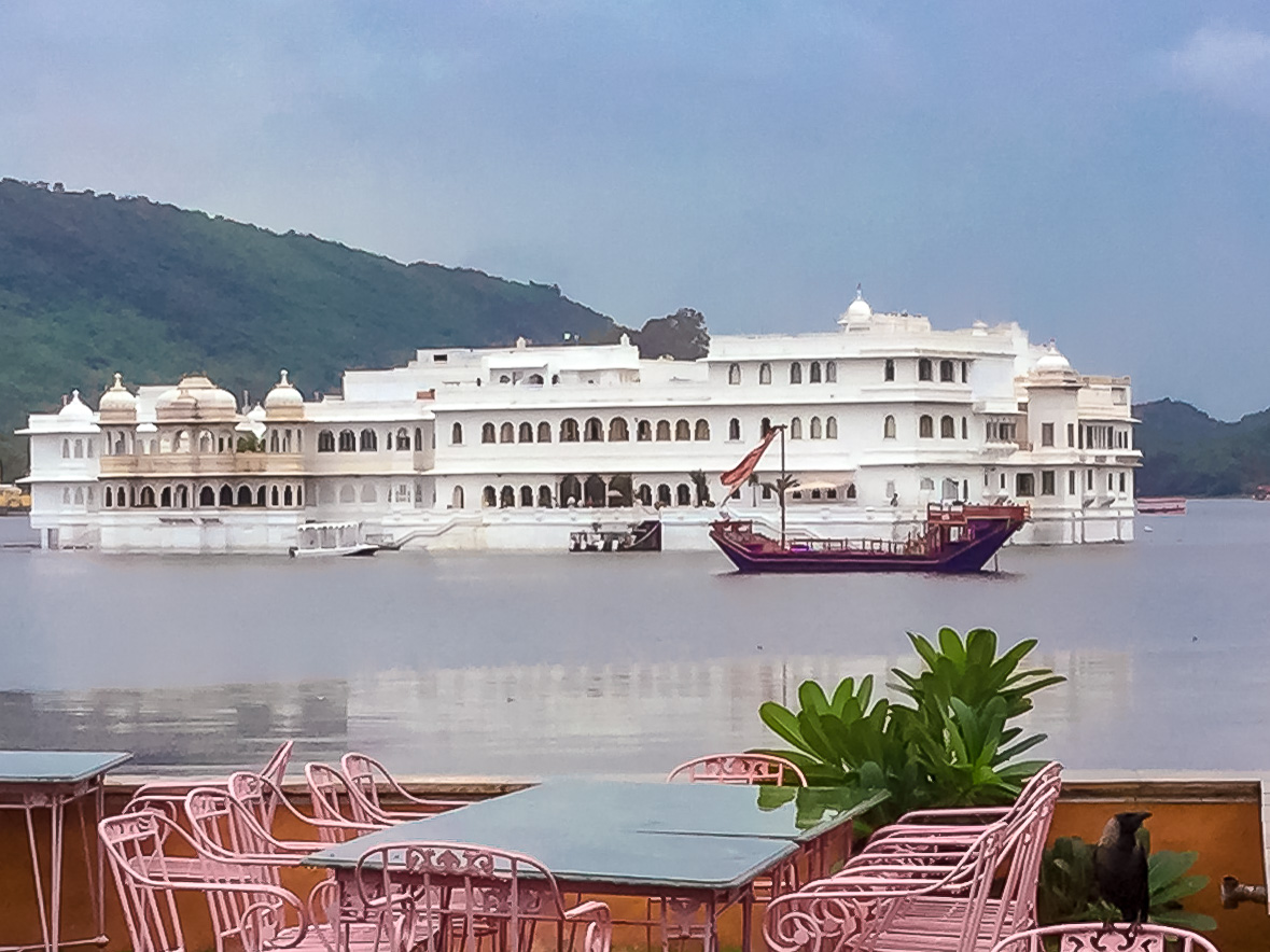 Lake Palace Hotel in Pichola Lake seen from Rats Leela Restaurant in Udaipur